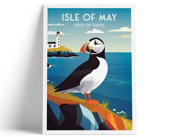 Isle of May Travel Poster - Puffin and Lighthouse | Firth of Forth | Vintage-Inspired Print