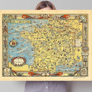 Story Map de France, Affiche picturale de France, Décoration intérieure, cadeau de pendaison de crémaillère, carte ancienne, grande affiche