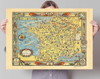 May include: A vintage story map of France with colorful illustrations depicting historical events and figures. The map is framed with a decorative border and includes the text "Story Map of France".