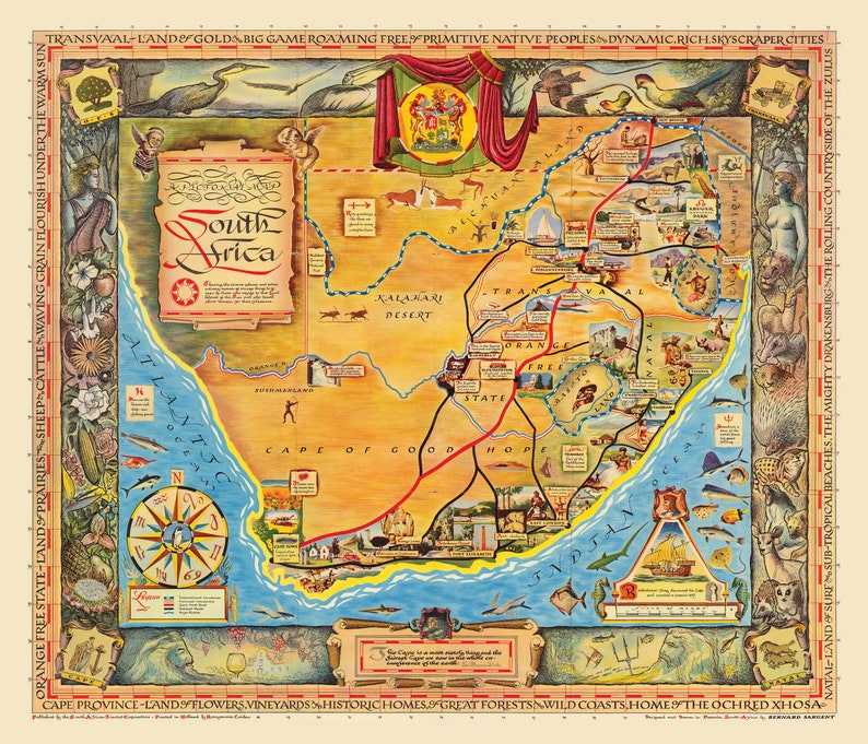 Pu&ograve; includere: Una mappa illustrata vintage del Sudafrica con una bussola, animali e testo che recita "Sudafrica" e "Orange Free State - Land of Prairies, Sheep, Cattle, Waving Grain Flourish Under the Warm Sun".