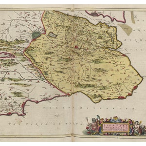 May include: An antique map of Fife and part of the East Coast of Fife, Scotland. The map is printed on paper and has a yellowed, aged appearance. The map is surrounded by a decorative border with a coat of arms in the centre.