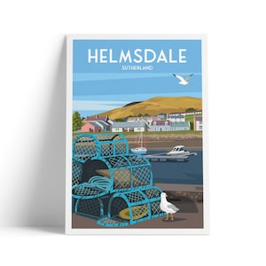 May include: A framed print of Helmsdale, Sutherland. The artwork shows blue lobster pots, a seagull, boats, and buildings under a blue sky and rolling hills. The text "HELMSDALE SUTHERLAND" is at the top of the print.