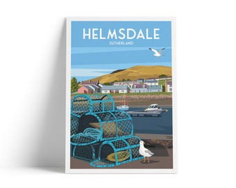 Helmsdale Harbour Travel Poster | Sutherland Scotland Wall Art | Scottish Coastal Illustration Print