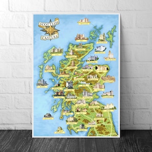 Châteaux d'Écosse - carte illustrée - affiche imprimée de l'Écosse - Dunnottar - Édimbourg - Dean - Culzean - Inveraray - Stirling - Glamis - Cawdor