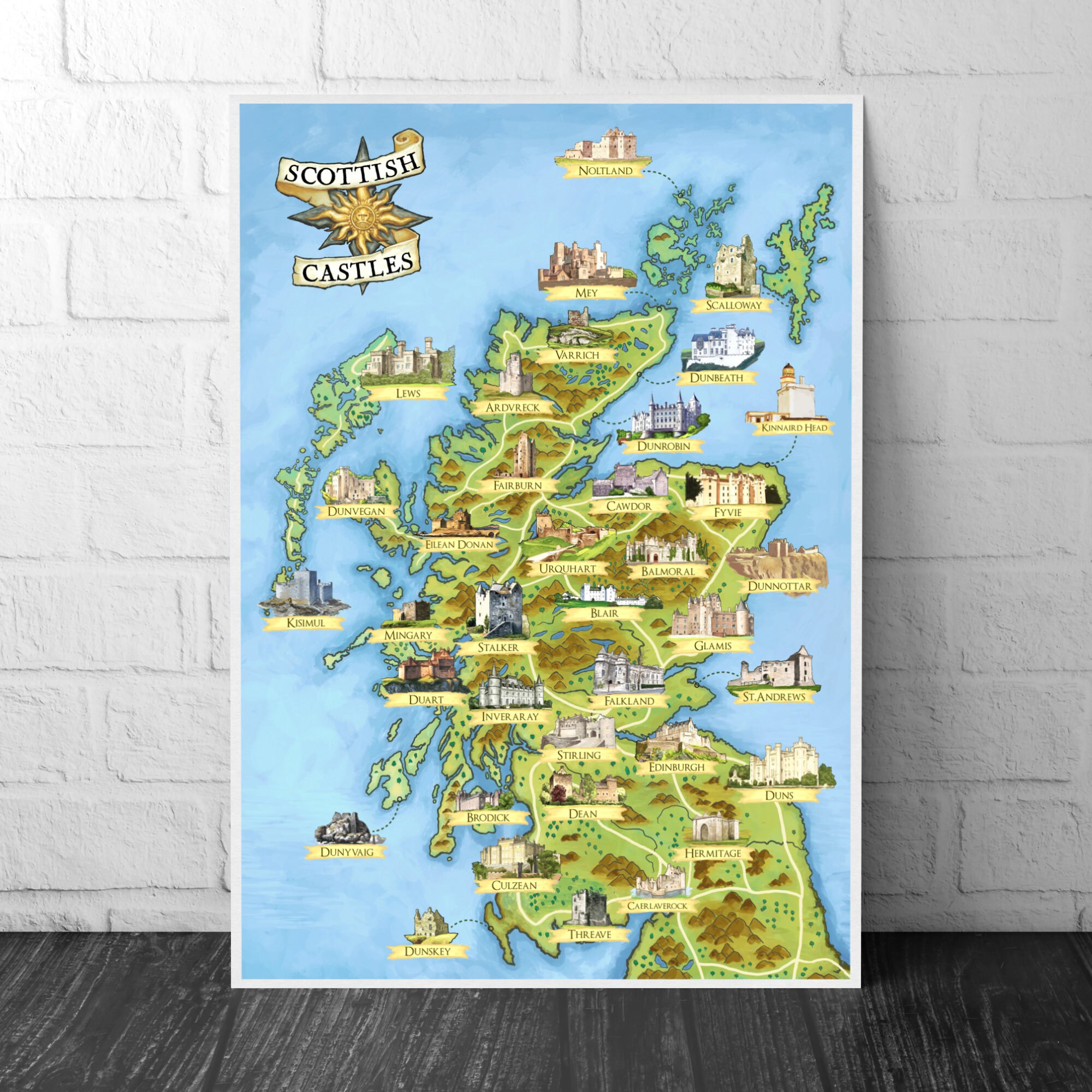 Scottish Castles Illustrated Map Scotland Print Poster Dunnottar 