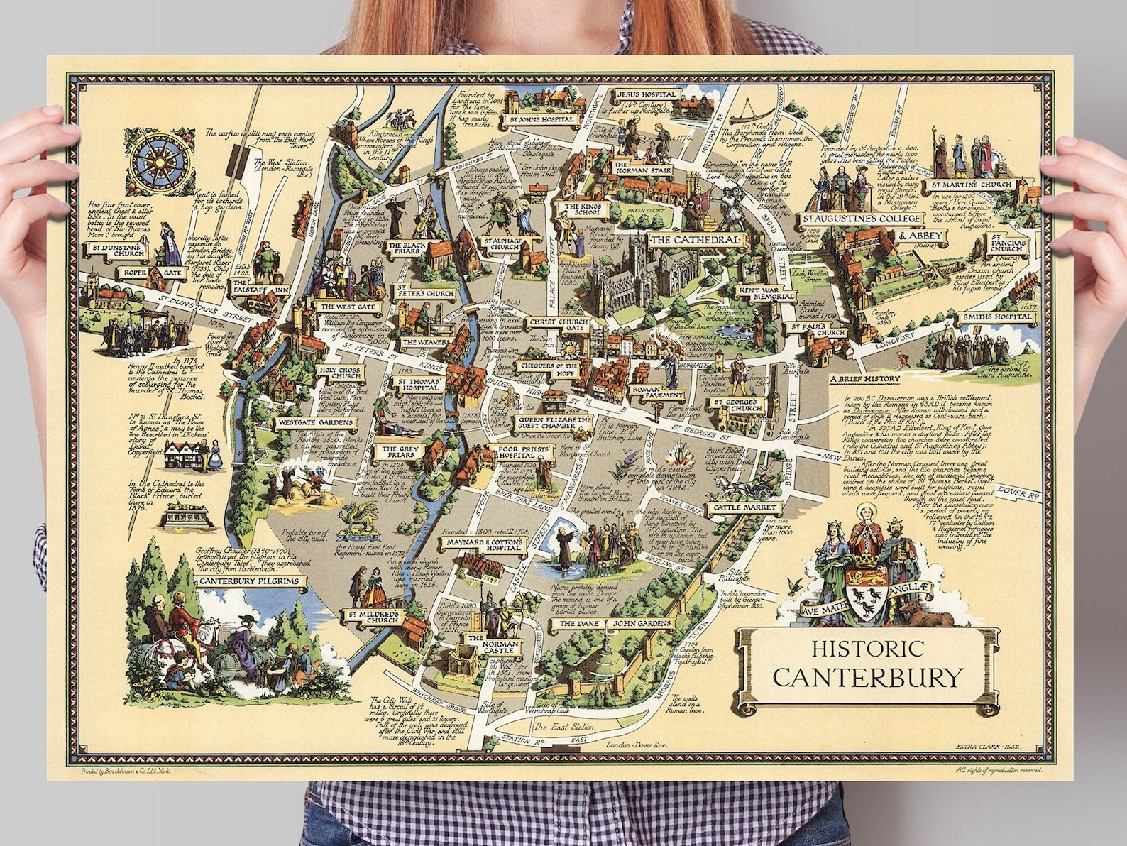 Canterbury Map Vintage Historic Pictorial Print Old Etsy Il S44u