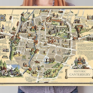 | de la carte de Canterbury  impression picturale historique vintage | Affiche de la vieille ville anglaise | | de décoration murale | cadeau de pendaison de crémaillère | de 1952 Clark, Estra