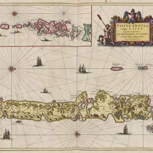 May include: An antique map of the Visus Islands, also known as the Vliest, with a decorative title cartouche and compass roses. The map shows the islands in detail, with names of various locations and features.