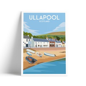 May include: A framed print featuring a stylized illustration of Ullapool, Scotland. The artwork depicts a coastal scene with buildings, boats on a sandy beach, and the text "ULLAPOOL SCOTLAND" at the top. The sky is blue with clouds.