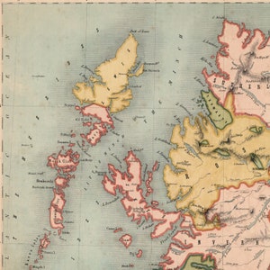 May include: Antique map of the Scottish Highlands and surrounding islands, featuring detailed geographical features. The map uses a color scheme of yellow, pink, and green to highlight different regions. The text includes place names and geographical details.