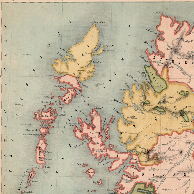 May include: Antique map of the Scottish Highlands and surrounding islands, featuring detailed geographical features. The map uses a color scheme of yellow, pink, and green to highlight different regions. The text includes place names and geographical details.