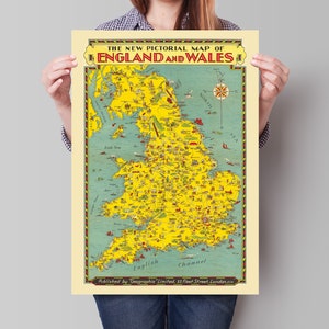 Die neue Bildkarte von England und Wales - 1935 - Vintage Landkarte Reproduktion