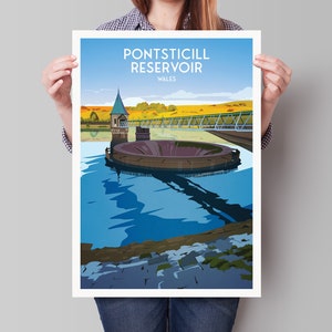Pontsticill Reservoir Print - Illustration of Brecon Beacons South Wales - - Merthyr Tydfil - Taf Fechan Reservoir - Travel Poster