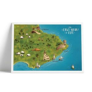 New East Neuk of Fife Illustrated Map | Elie  |  Pittenweem | Anstruther | Crail  | St Andrews  | Isle of May | Whimsical Print