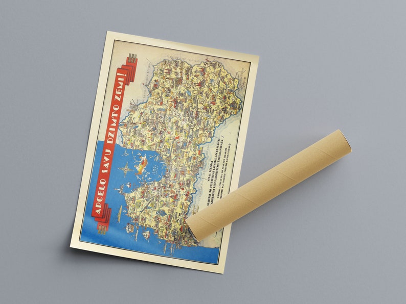 Old Pictorial Map of Latvia - Apcelo Savu Dzimto Zemi! (travels Around ...
