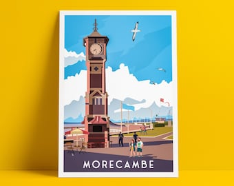 Morecambe Print | Clock Tower Promenade | English Travel Poster | England illustrated art poster | Travel Prints UK | Wall Decoration