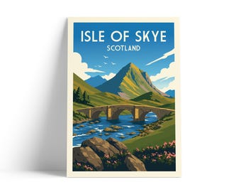 Isle of Skye Scotland Travel Poster | Scottish Highlands Mountain Print | Vintage Skye Bridge Landscape Wall Art | Retro Travel Poster