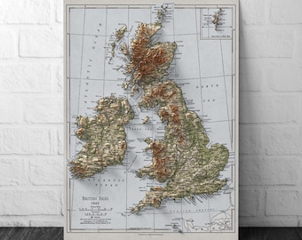 British Isles Map - 1943 - 2D shaded relief - United Kingdom - England - Ireland - Wales - Ireland - Northern Island - Wall Art