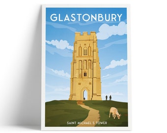 Impresión de Glastonbury - Cartel de viaje de la torre de Glastonbury Saint Michael - Un hito cautivador - Somerset