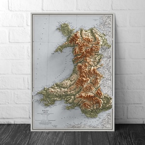 Wales Map  - Vintage Cymru Elevation Map - 1872 - 2D Welsh Poster - 3D effect shaded relief Print