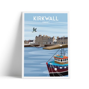 May include: A colorful illustration of a fishing boat in a harbor with a town in the background. The boat is red, blue, and white with the number K128 on the side. The town is a light brown color with white windows and a blue sky above. The text "KIRKWALL ORKNEY" is at the top of the image.