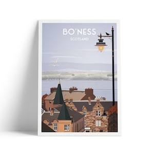 Bo&#39;Ness Print, Scotland Travel Poster, Borrowstounness Illustration, Wall Decor, Firth of Forth, Lothian
