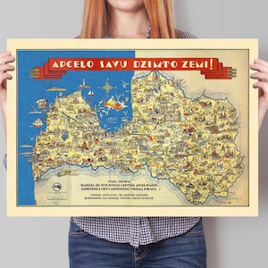 Alte Bildliche Landkarte von Lettland - Apcelo Savu Dzimto Zemi! (Reiset in seiner Heimat!) - 1938 - Vintage Druck Reproduktion