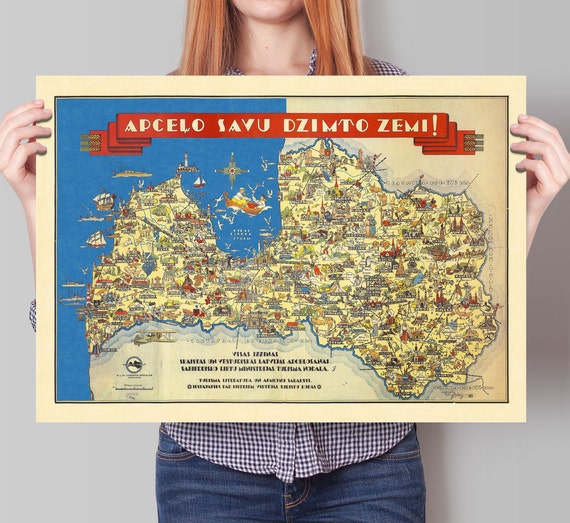 Old Pictorial Map of Latvia - Apcelo Savu Dzimto Zemi! (travels