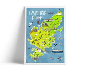 Lewis and Harris Illustrated Map Print | Isle of Lewis & Harris | Scottish Island Wall Art | A4 A3 Poster