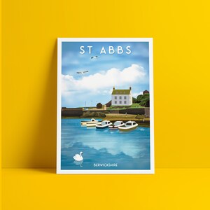 May include: A colorful illustration of a harbor scene in St. Abbs, Berwickshire. The illustration features a white building with a green roof, several small boats, a swan, and seagulls flying overhead.