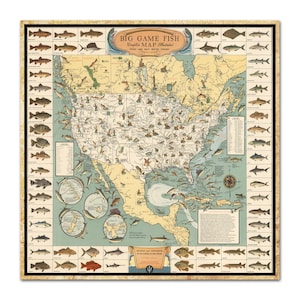 Op de afbeelding: Een vintage geïllustreerde kaart van Noord-Amerika die de verspreiding van grote vissoorten laat zien. De kaart is omgeven door een rand met visillustraties. De titel van de kaart is "Big Game Fish Complete Illustrated Map Fresh and Salt Water Fishing".