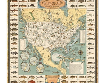 Big Game Fishing Illustrated Map - USA, Canada, Mexico