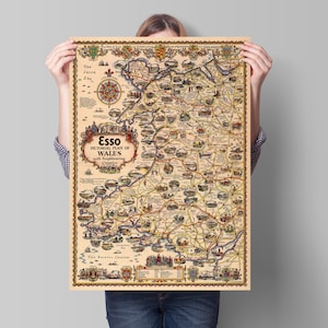 Mapa do País de Gales - Plano pictórico do País de Gales | Antigo vintage | 1932 | Impressão de parede de mapa antigo | Santa Cabeça | Llandudno | Birkenhead | Swansea | Cardife