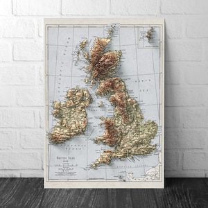 Carte des îles britanniques - 1943 - relief ombré 2D - Royaume-Uni - Angleterre - Irlande - Pays de Galles - Irlande - Île du Nord - Art mural