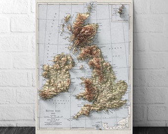 British Isles Map - 1943 - 2D shaded relief - United Kingdom - England - Ireland - Wales - Ire;land - Northern Island - Wall Art