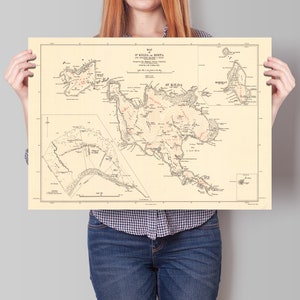 Könnte beinhalten: Eine Vintage-Karte von St. Kilda, einem Archipel in den Äußeren Hebriden von Schottland. Die Karte zeigt die Inseln Hirta, Soay, Boreray und Dun.