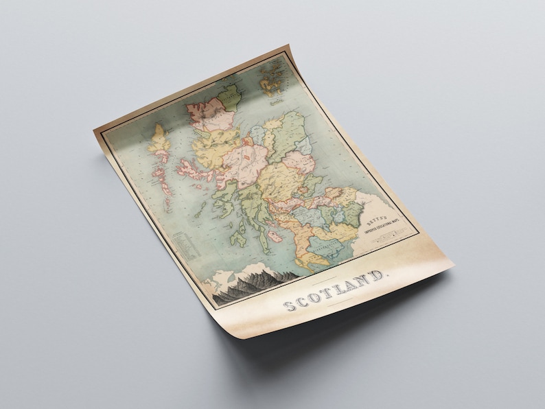 May include: An antique map of Scotland, featuring detailed geographical information and various colors to distinguish regions. The map is printed on aged paper, with the word "SCOTLAND" prominently displayed at the bottom.
