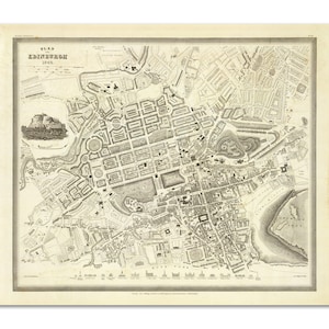 Carte du vieil Édimbourg | Plan de la ville d’Édimbourg, Écosse | 1844 | Plan von Edinburgh | Ancienne carte Décoration murale | Édimbourg Carte | Plan mural
