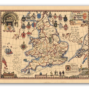 Die Pilger der Mayflower| Alte Landkarte von England und Holland| Vintage Karte Poster | Wall Map Print| Antike Landkarte