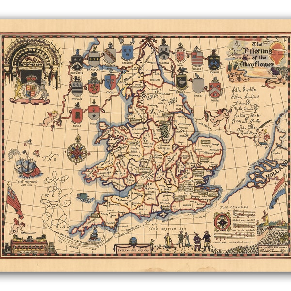 The Pilgrims of the Mayflower| Old Map of England and Holland| Vintage Map Poster| Wall Map Print| Ancient Map