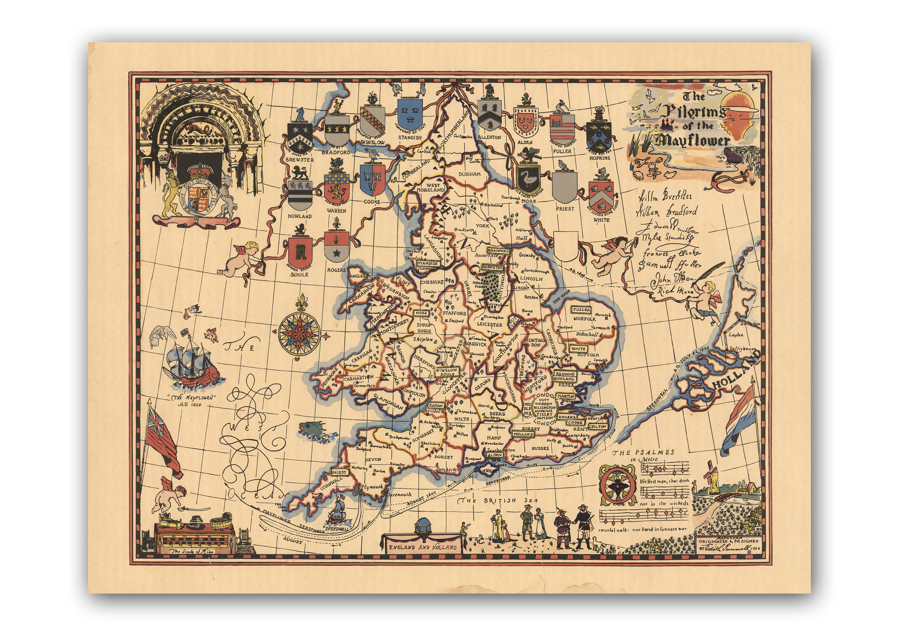 The Pilgrims of the Mayflower Old Map of England and Holland Etsy