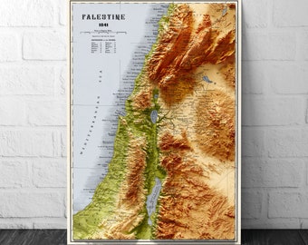 Palestine Map  - Topographic Shaded Elevation Relief Map - Vintage Style  -  Bible Study - 12 tribes - Asher - Nephtali - Gad - Judah - 1844