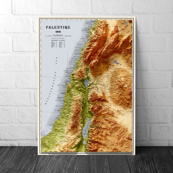 Palästina Karte - Topografische Schattierte Erhebung Relief Karte - Vintage Stil - Bibel Studie - 12 Stämme - Asher - Nephtali - Gad - Juda - 1844
