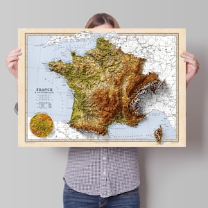 Carte de la France et de la Suisse - Carte des reliefs - Poster vintage 2D - Impression en relief ombré effet 3D - Bretagne - Normandie - Pyrénées - Lyon