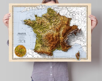 France & Switzerland Map - Elevation Map - 2D Vintage Poster - 3D effect shaded relief Print - Bretagne - Normandie - Pyrenees - Lyon