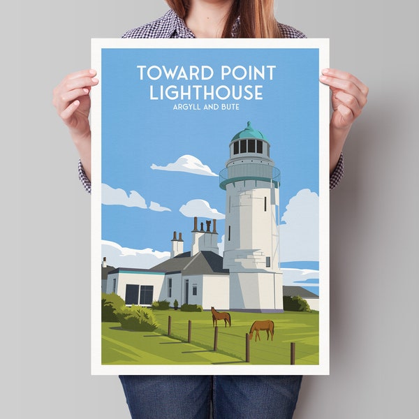 Toward Point Lighthouse Print - Argyll & Bute - Travel Poster - Scottish Gifts - Lighthouse Art - Birthday Present - Home Decor Artwork