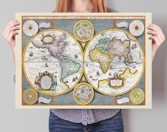 World Map Wall Print | Double hemisphere Vintage Wall Décor | 1642 Poster | Nova Totius Terrarum Orbis Geographica Ac Hydrographica Tabula