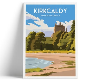 Kirkcaldy Print - Ravenscraig Beach and Castle - East Neuk - Fife Coastal Path - Travel Poster - Scotland