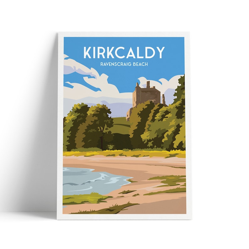 Kirkcaldy Print Ravenscraig Beach en Castle East Neuk Fife Coastal Path Reisposter Schotland afbeelding 1