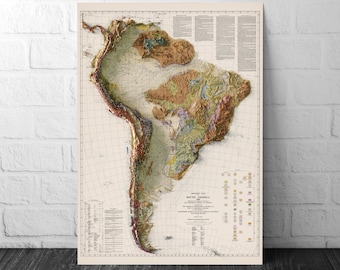 May include: A vintage-style topographic map of South America, showing the continent's physical features in detail. The map is printed on a cream-colored background with a grid pattern and includes a legend with various symbols and colors.